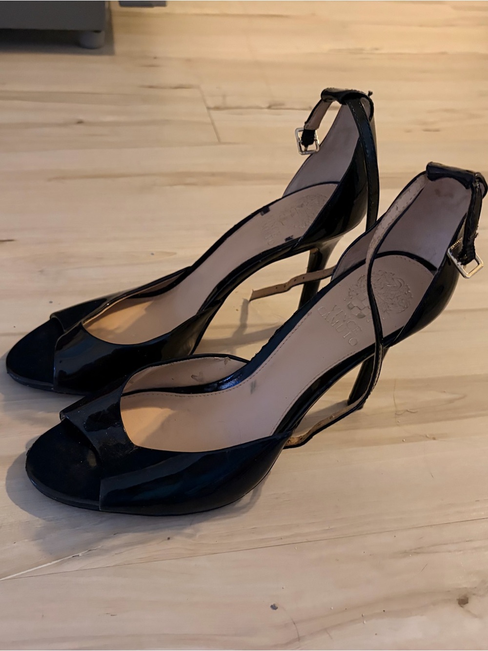 Vince Camuto Black Patent Peep-Toe Ankle-Strap Heels